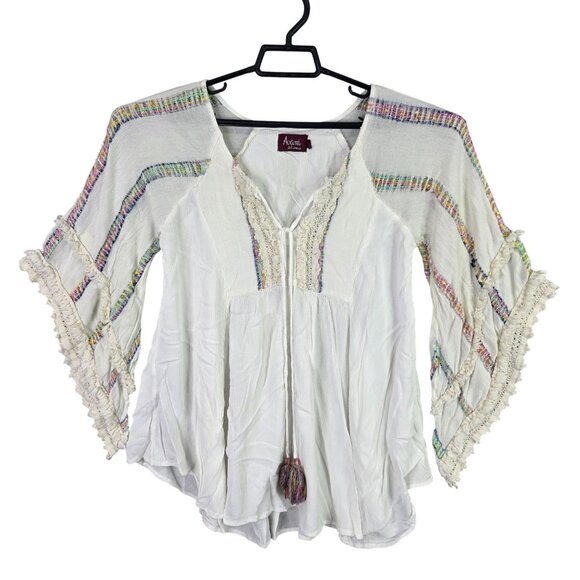 Avani Sel Amour Tops - Womens Avani Sel Amour Boho Style White Blouse W/ Tassels & Multicolor Detail M